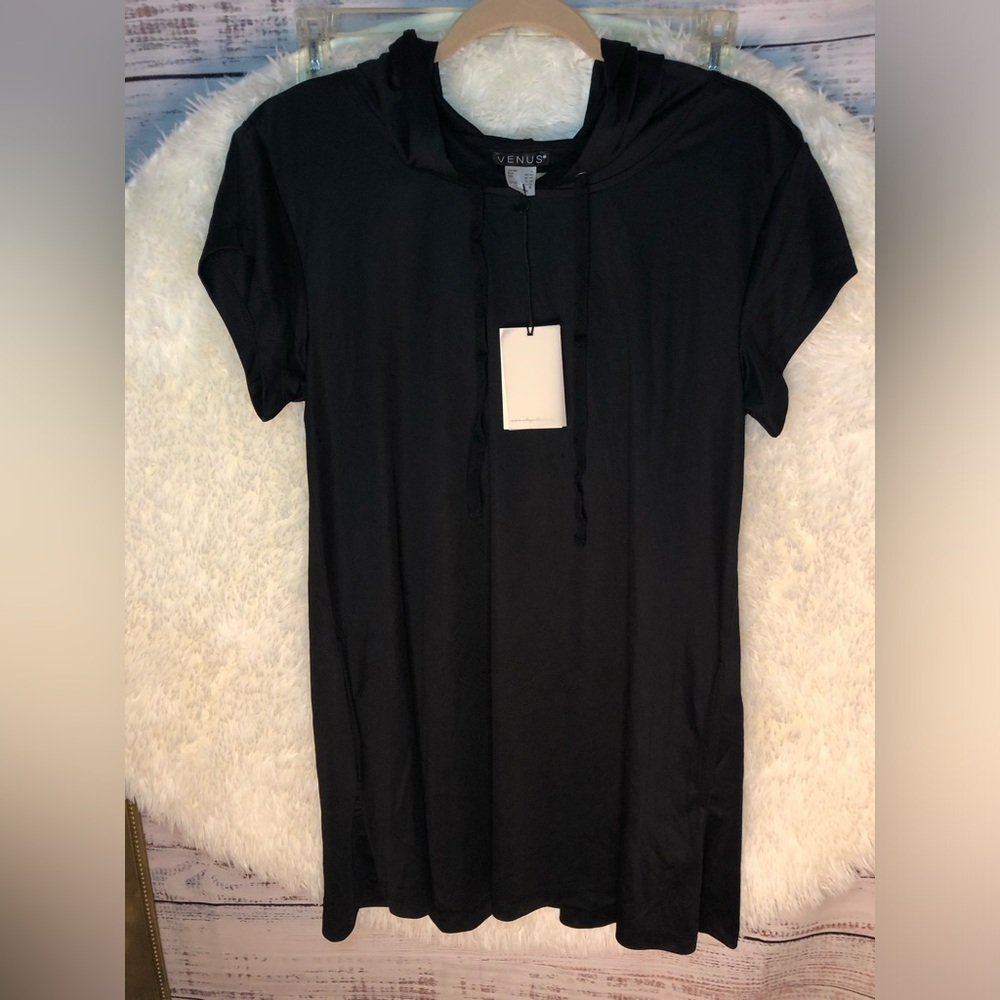 VENUS Black Short Sleeve Hooded Mini Dress size L